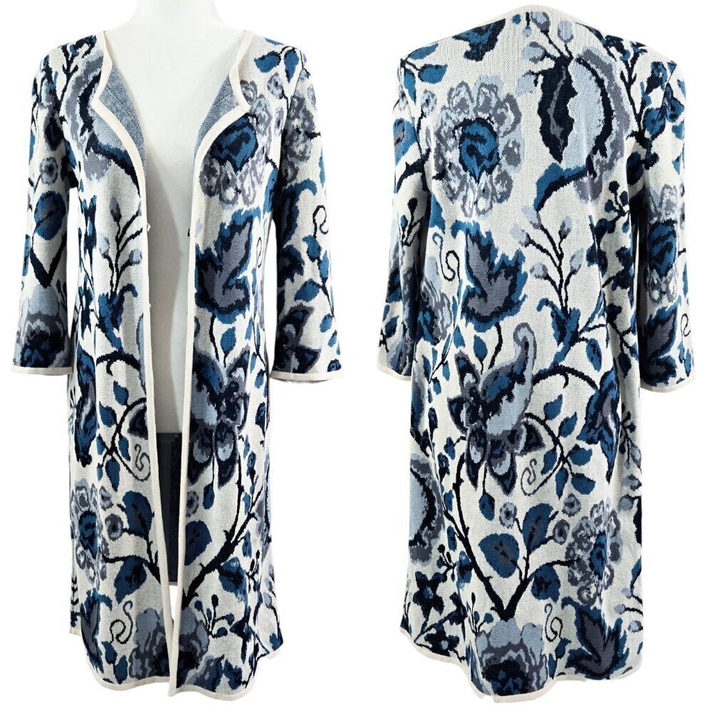 Peruvian Connection 100% Pima Cotton Blue Floral Longline Cardigan Duster Boho